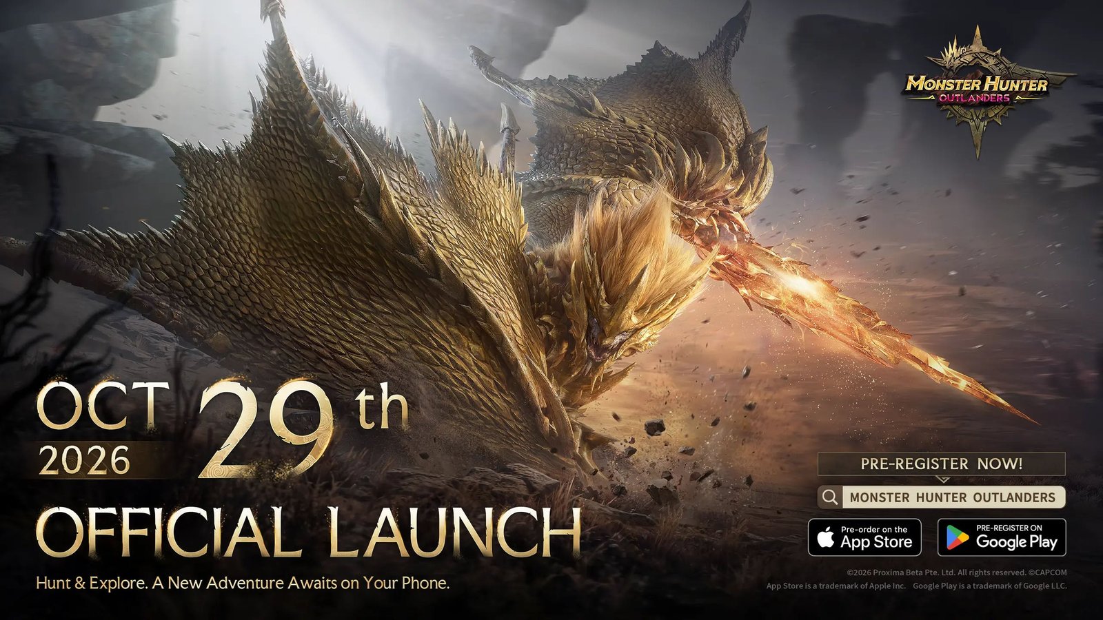 Imagen oficial de Monster Hunter Outlanders con la fecha de lanzamiento