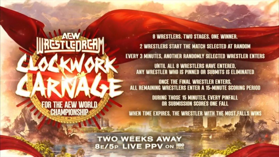 Gráfica oficial de AEW WrestleDream con la lucha Clockwork Carnage por el Campeonato Mundial