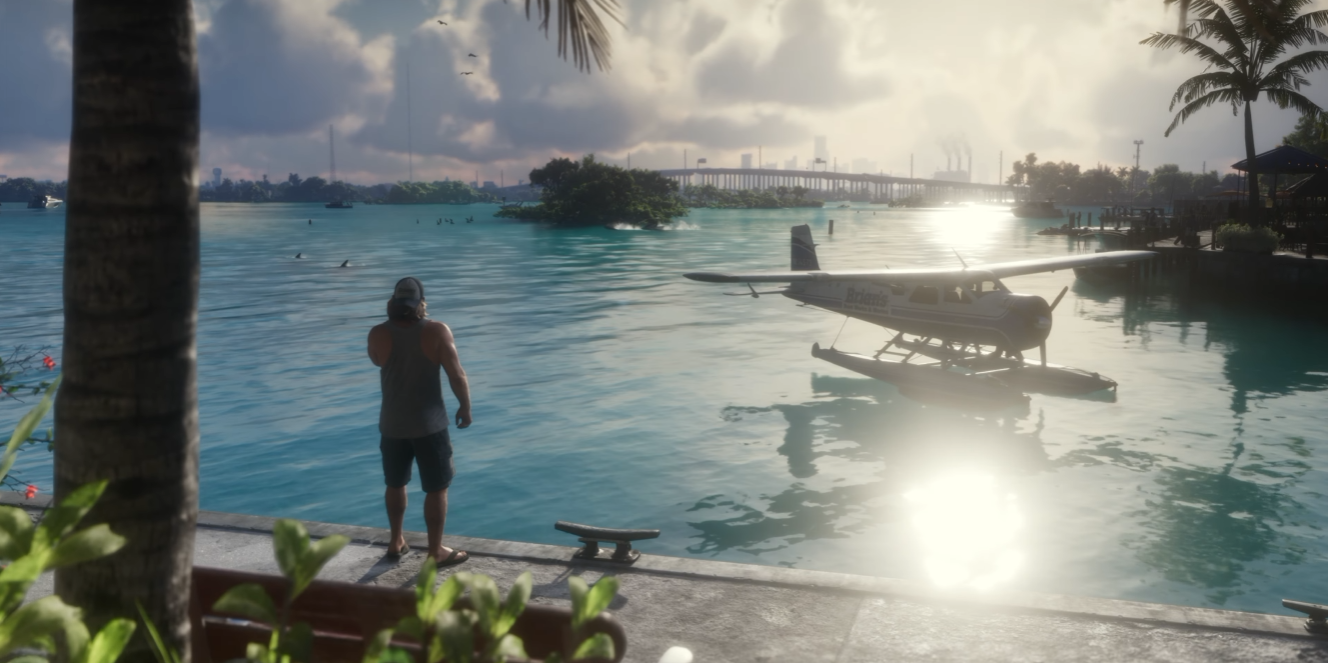 Captura del tráiler de lanzamiento de GTA 6 con Jason y Lucía en Vice City