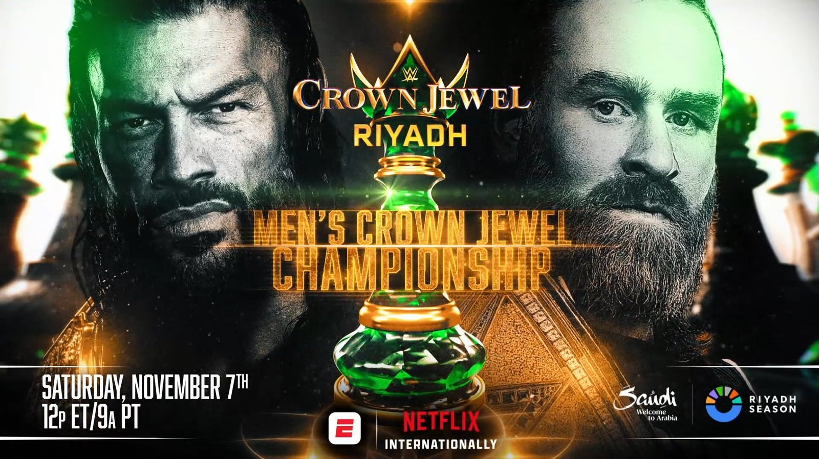 Roman Reigns y Sami Zayn en la promoción de WWE Crown Jewel 2026