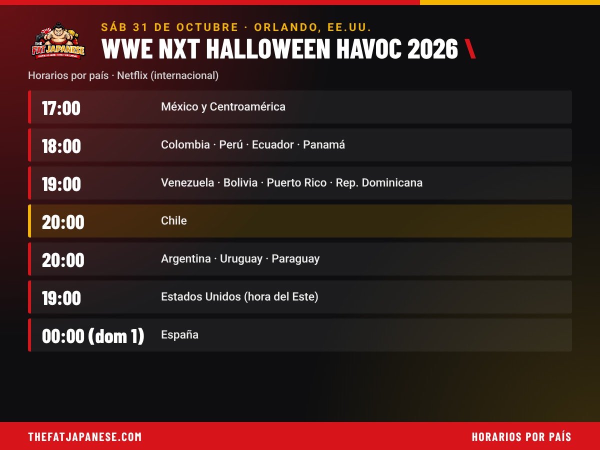 Horarios de WWE NXT Halloween Havoc 2026 por país: 20:00 en Chile